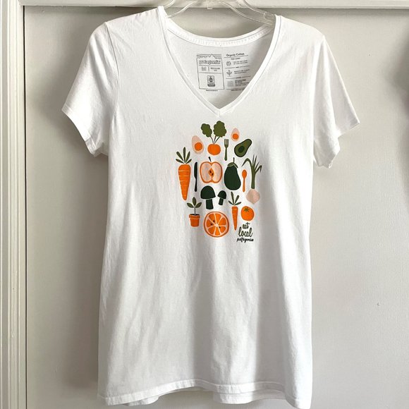 Patagonia Tops - Patagonia White/Orange/Green Eat Local Short Sleeve V Neck T Shirt Top M